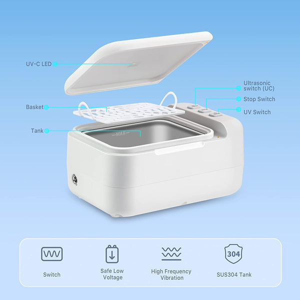 Ultrasonic Cleaner and UV Light Sanitizer, Denture Case, Night Mouth Guard Case, Retainer Braces, Jewelry, Rings, Watches by VCUTECH