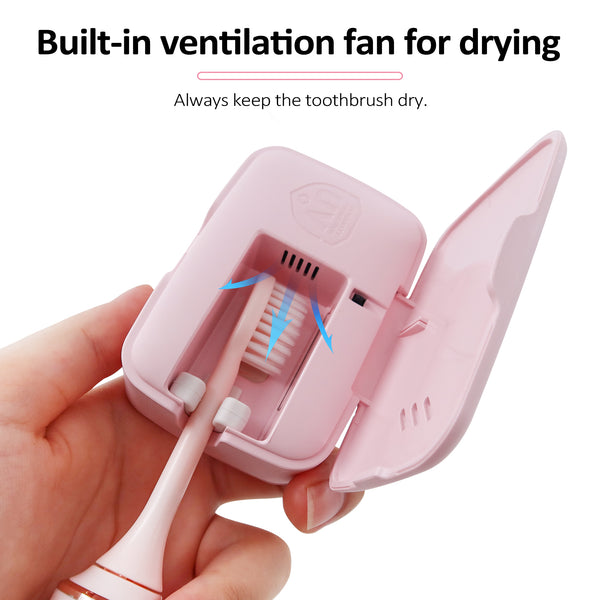 UVC Toothbrush Sterilizer Case, Portable Design with Fan and Dry (Pink)