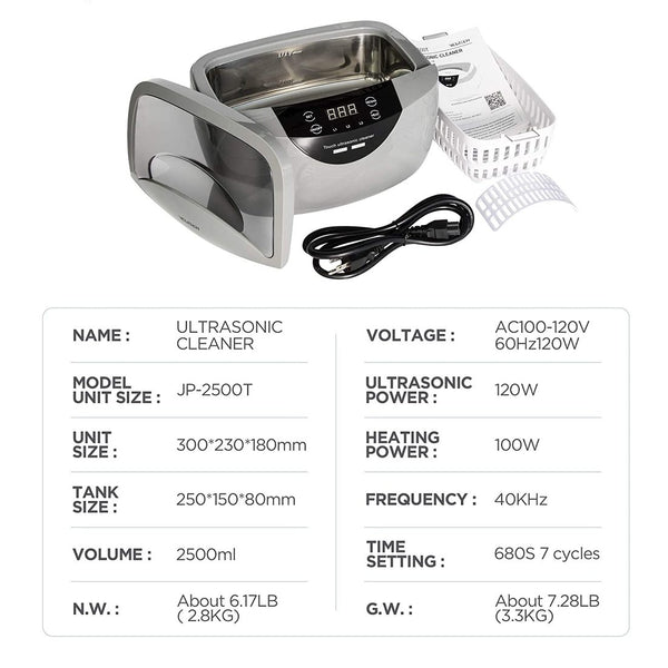 Power Ultrasonic Cleaner for Jewelry, Ring, Silver, Eyeglass, 2.5L, 120 Watts, 40KHz